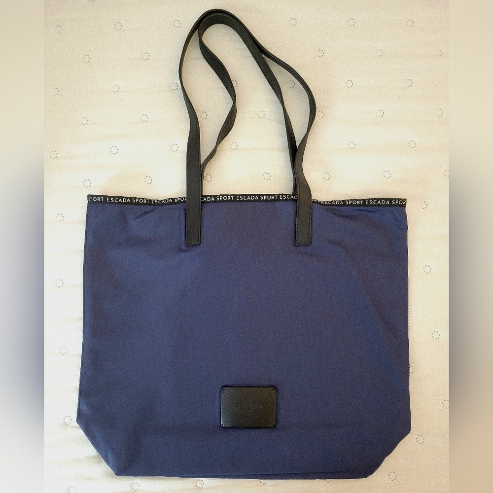 Escada Sport Navy Blue Nylon Tote Bag Leather Trim Shoulder Handbag Luxury Trave